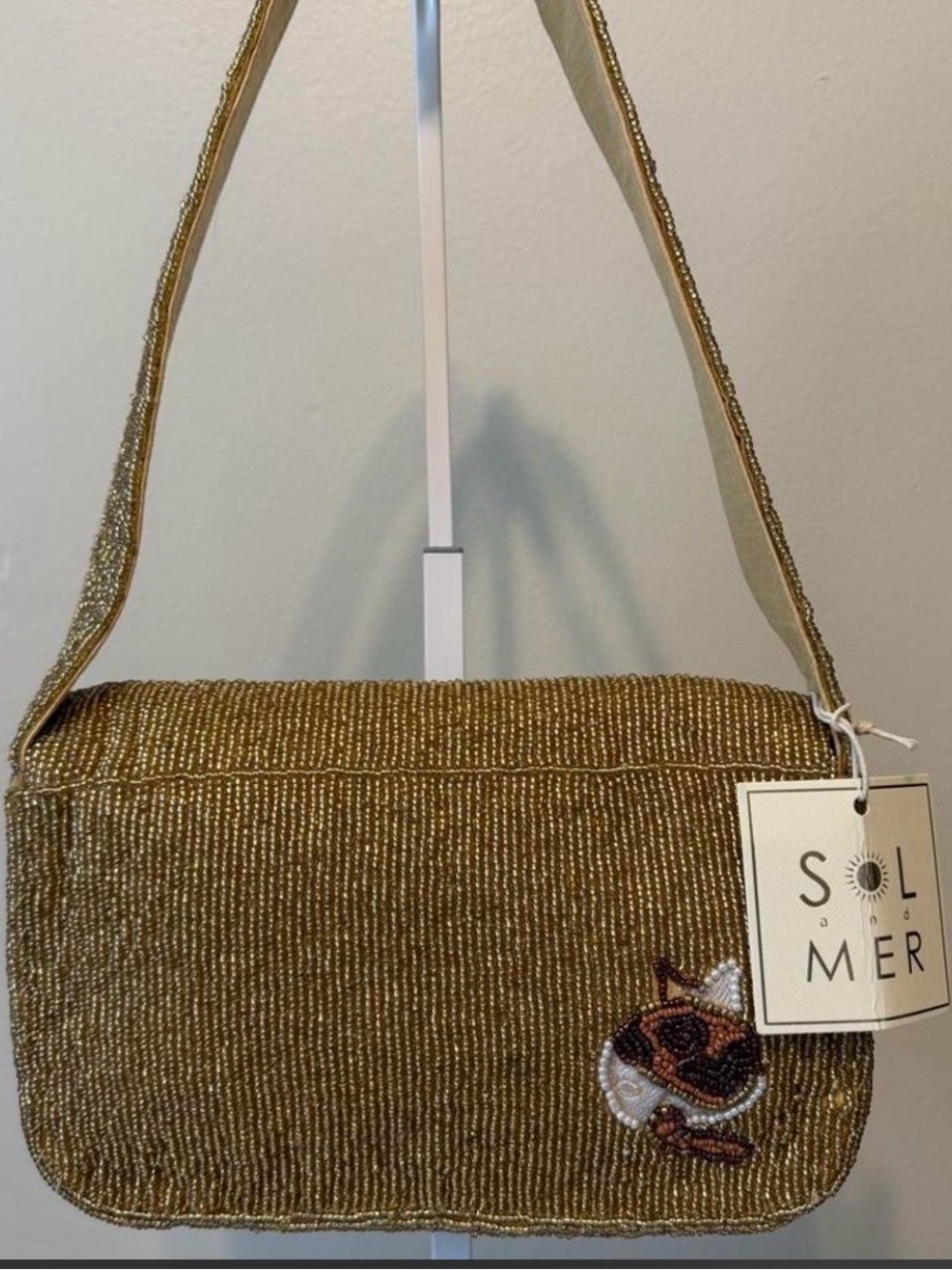 Sol and Mer Gold Beaded Cat & Mouse Shoulder Bag NWT Novelty Purse TJMaxx - Picture 2 of 5